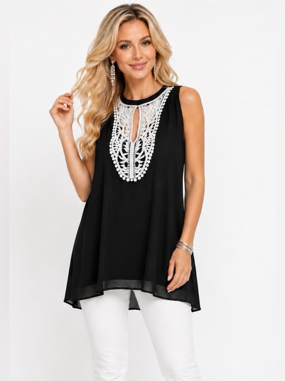 Metaphor Size XL Sleeveless Lace Keyhole Tunic Blouse Black Chiffon Top